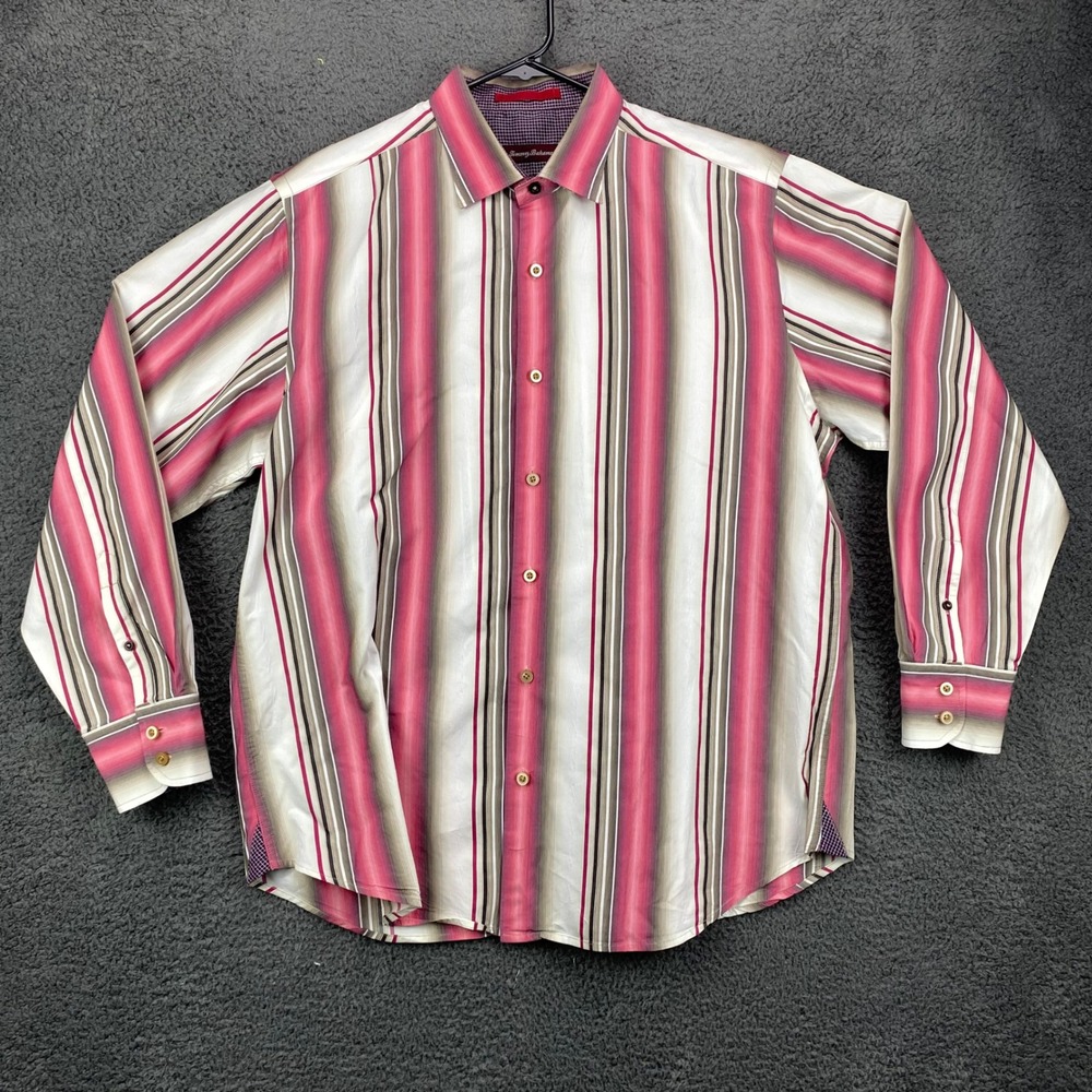 Tommy Bahama Men's Large L/G Pink Gray Stripe Silk Cotton Button Down Shirt